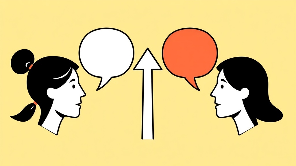 Two speech bubbles bouncing back and forth between two profile icons, with a bright upward arrow rising between them
